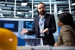 Empresarios en una fábrica fotovoltaica discutiendo mejoras para aumentar las ventas.